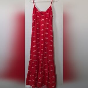 Gauzy Red & White Open Back Strappy Maxi Dress Beachy Vacation Sexy Nautical